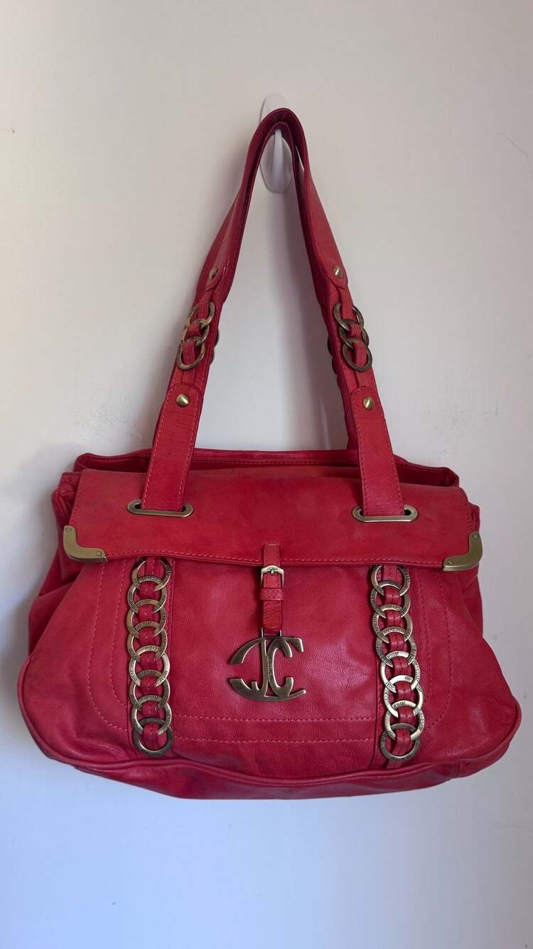 Just Cavalli Red Leather Chain Link Shoulder Bag